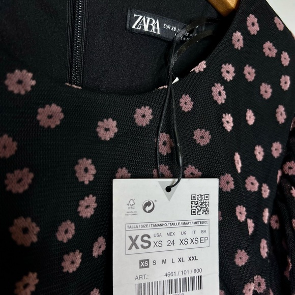Zara Womens Puff Sheer Sleeve Textured Floral Dress Black/Pink XS - Picture 8 of 9